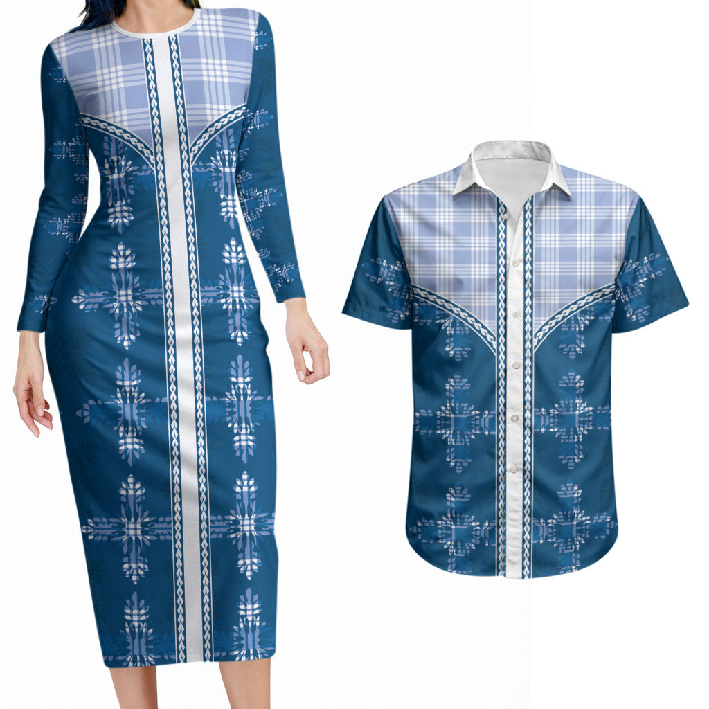 Blue Hawaii Paniolo Quilt Motif Couples Matching Long Sleeve Bodycon Dress and Hawaiian Shirt