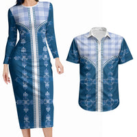 Blue Hawaii Paniolo Quilt Motif Couples Matching Long Sleeve Bodycon Dress and Hawaiian Shirt