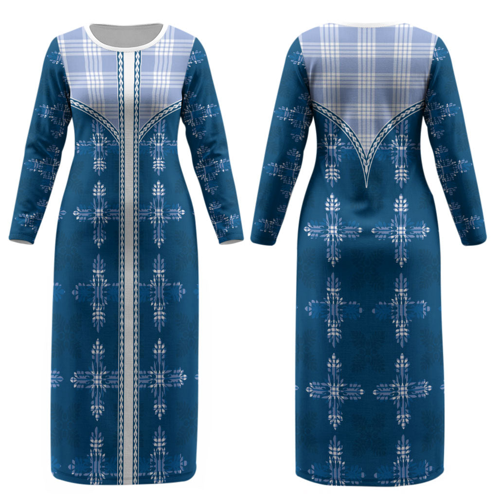 Blue Hawaii Paniolo Quilt Motif Couples Matching Long Sleeve Bodycon Dress and Hawaiian Shirt