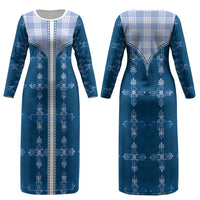 Blue Hawaii Paniolo Quilt Motif Couples Matching Long Sleeve Bodycon Dress and Hawaiian Shirt