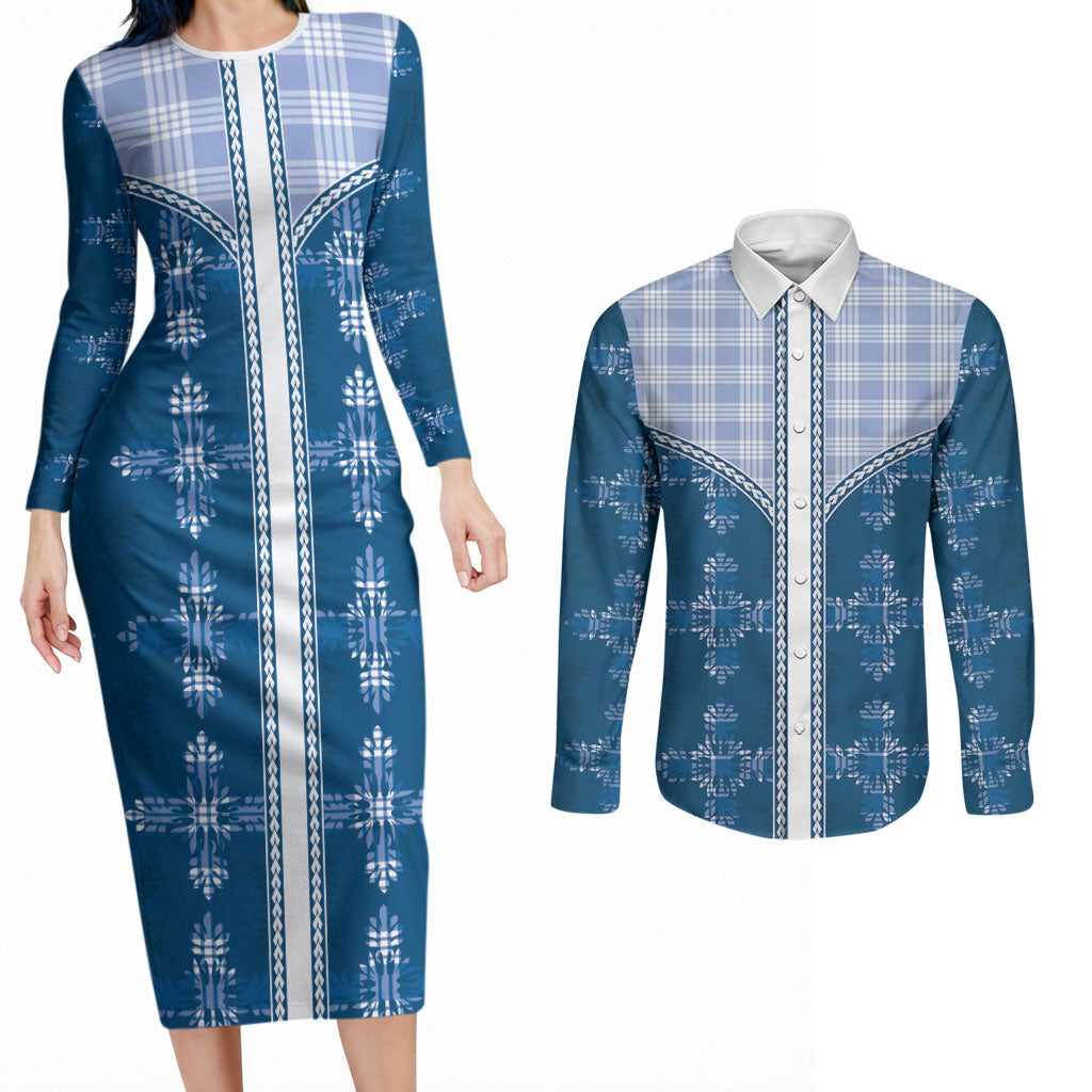 Blue Hawaii Paniolo Quilt Motif Couples Matching Long Sleeve Bodycon Dress and Long Sleeve Button Shirt