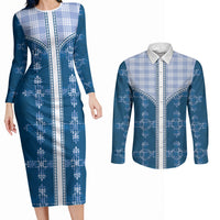 Blue Hawaii Paniolo Quilt Motif Couples Matching Long Sleeve Bodycon Dress and Long Sleeve Button Shirt