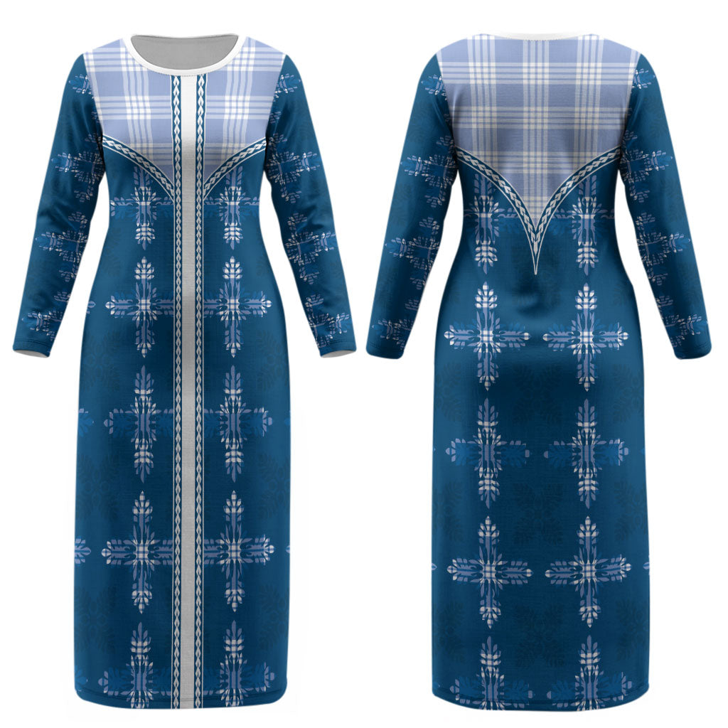 Blue Hawaii Paniolo Quilt Motif Couples Matching Long Sleeve Bodycon Dress and Long Sleeve Button Shirt