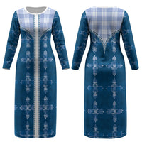 Blue Hawaii Paniolo Quilt Motif Couples Matching Long Sleeve Bodycon Dress and Long Sleeve Button Shirt