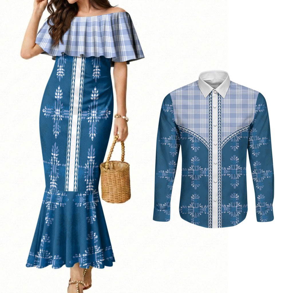 Blue Hawaii Paniolo Quilt Motif Couples Matching Mermaid Dress and Long Sleeve Button Shirt LT05 Blue - Polynesian Pride