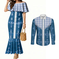 Blue Hawaii Paniolo Quilt Motif Couples Matching Mermaid Dress and Long Sleeve Button Shirt