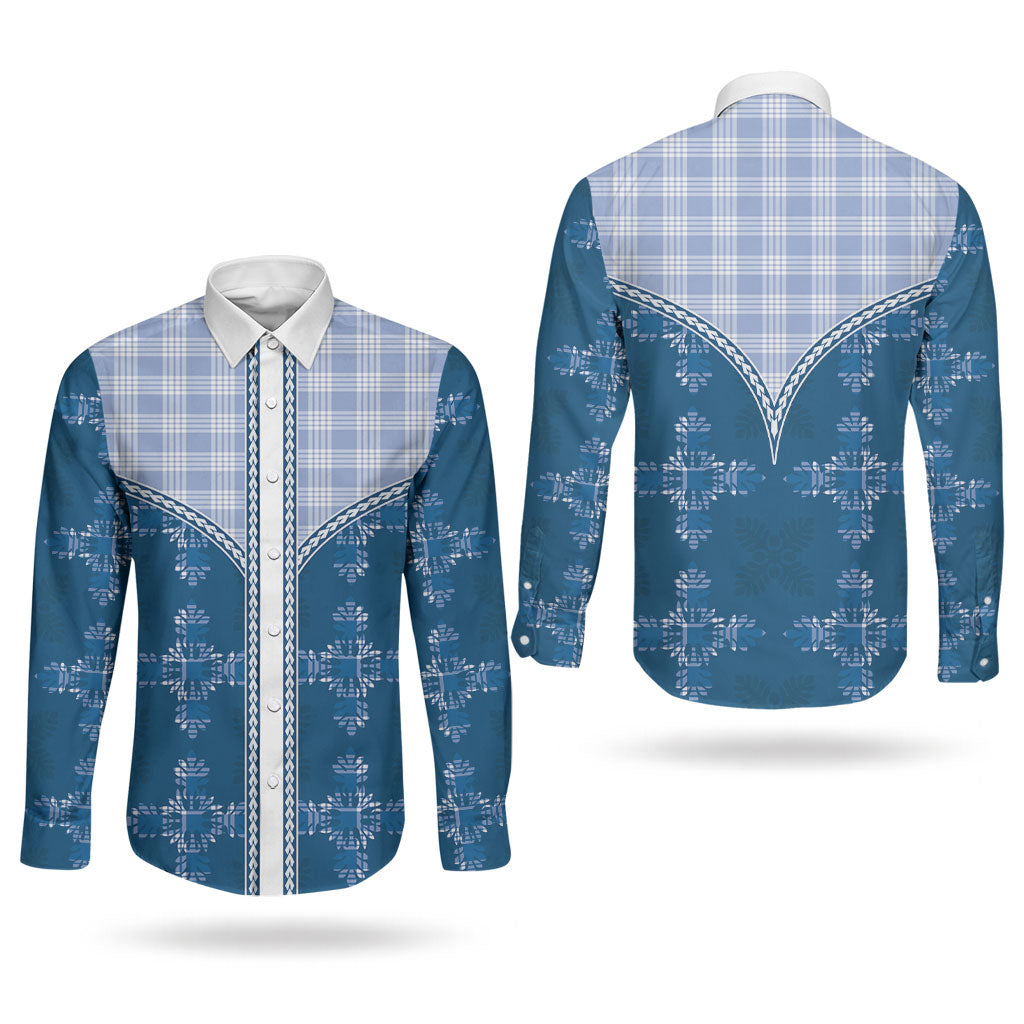 Blue Hawaii Paniolo Quilt Motif Couples Matching Mermaid Dress and Long Sleeve Button Shirt
