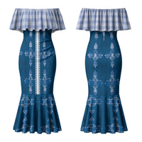 Blue Hawaii Paniolo Quilt Motif Couples Matching Mermaid Dress and Long Sleeve Button Shirt