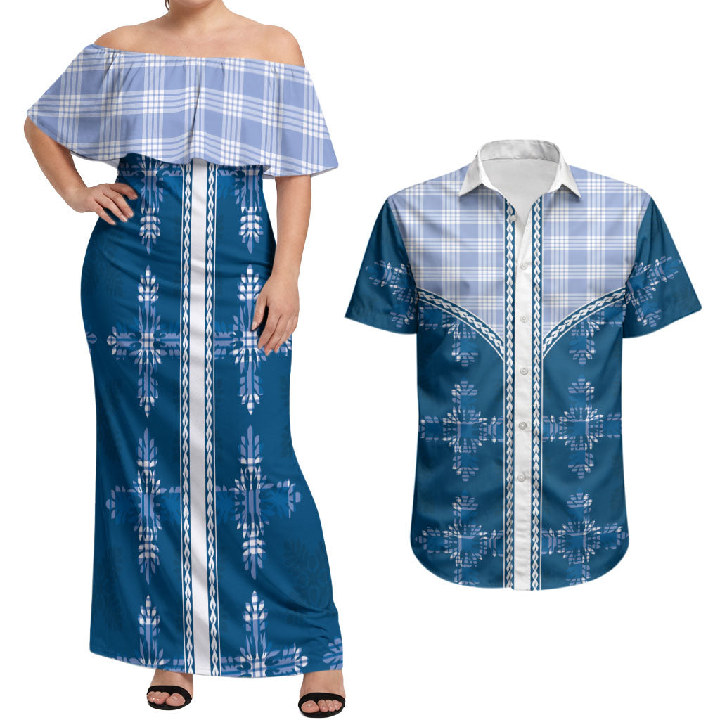 Blue Hawaii Paniolo Quilt Motif Couples Matching Off Shoulder Maxi Dress and Hawaiian Shirt