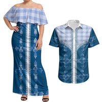 Blue Hawaii Paniolo Quilt Motif Couples Matching Off Shoulder Maxi Dress and Hawaiian Shirt