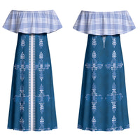 Blue Hawaii Paniolo Quilt Motif Couples Matching Off Shoulder Maxi Dress and Hawaiian Shirt
