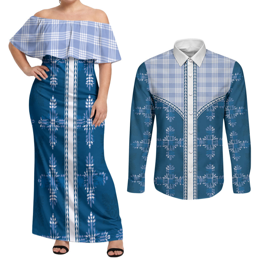 Blue Hawaii Paniolo Quilt Motif Couples Matching Off Shoulder Maxi Dress and Long Sleeve Button Shirt