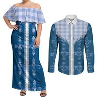 Blue Hawaii Paniolo Quilt Motif Couples Matching Off Shoulder Maxi Dress and Long Sleeve Button Shirt