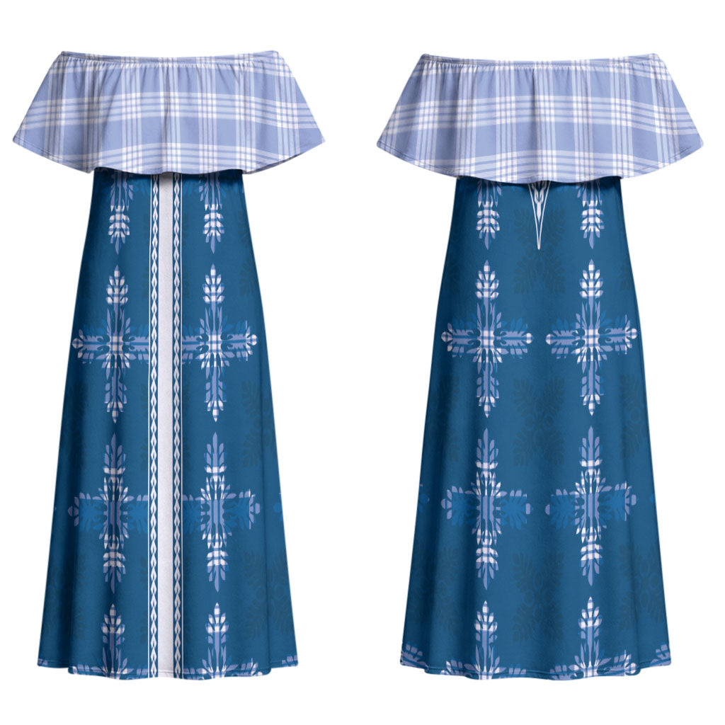 Blue Hawaii Paniolo Quilt Motif Couples Matching Off Shoulder Maxi Dress and Long Sleeve Button Shirt