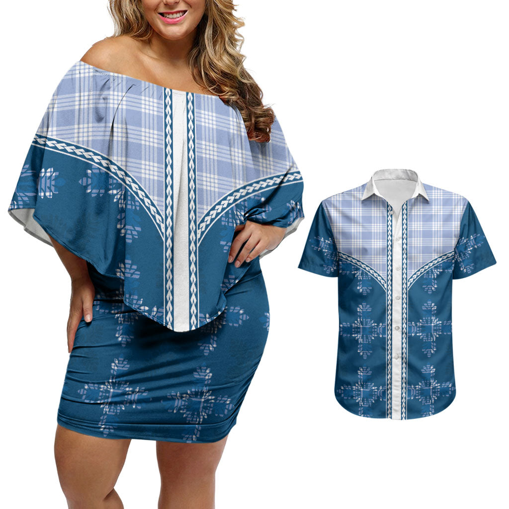 Blue Hawaii Paniolo Quilt Motif Couples Matching Off Shoulder Short Dress and Hawaiian Shirt