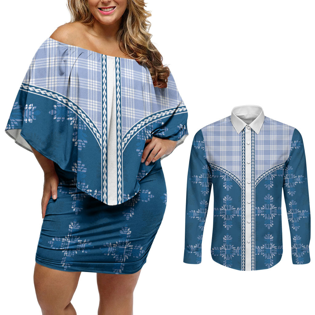 Blue Hawaii Paniolo Quilt Motif Couples Matching Off Shoulder Short Dress and Long Sleeve Button Shirt