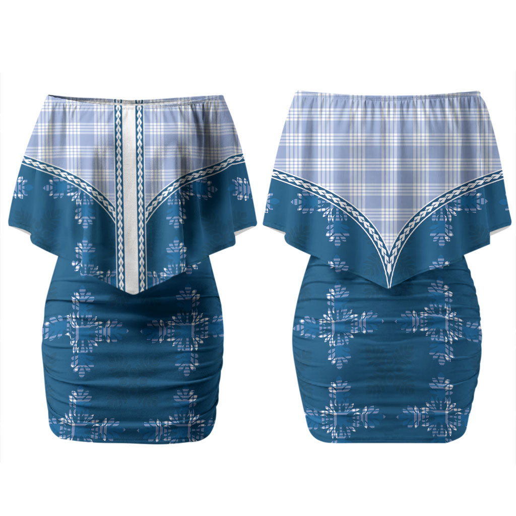 Blue Hawaii Paniolo Quilt Motif Couples Matching Off Shoulder Short Dress and Long Sleeve Button Shirt