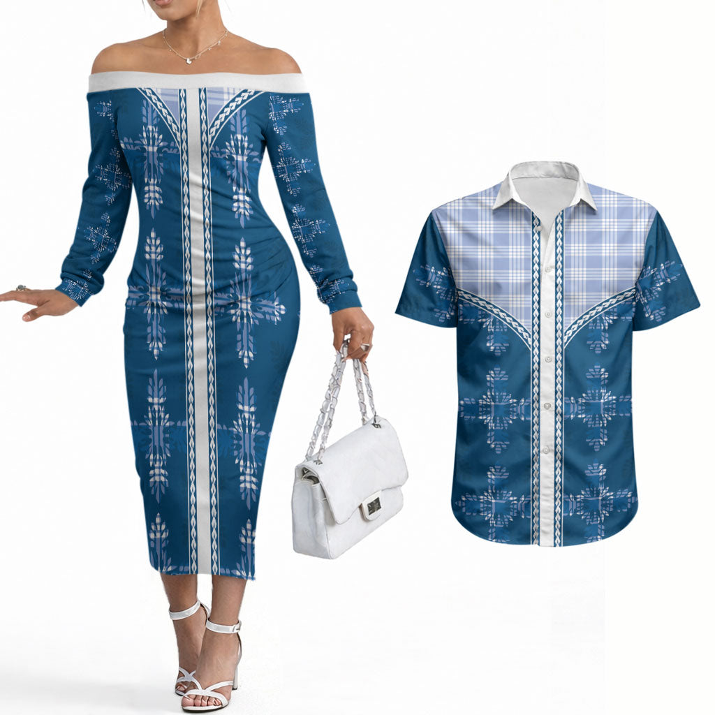 Blue Hawaii Paniolo Quilt Motif Couples Matching Off The Shoulder Long Sleeve Dress and Hawaiian Shirt