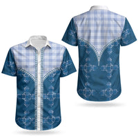 Blue Hawaii Paniolo Quilt Motif Couples Matching Off The Shoulder Long Sleeve Dress and Hawaiian Shirt