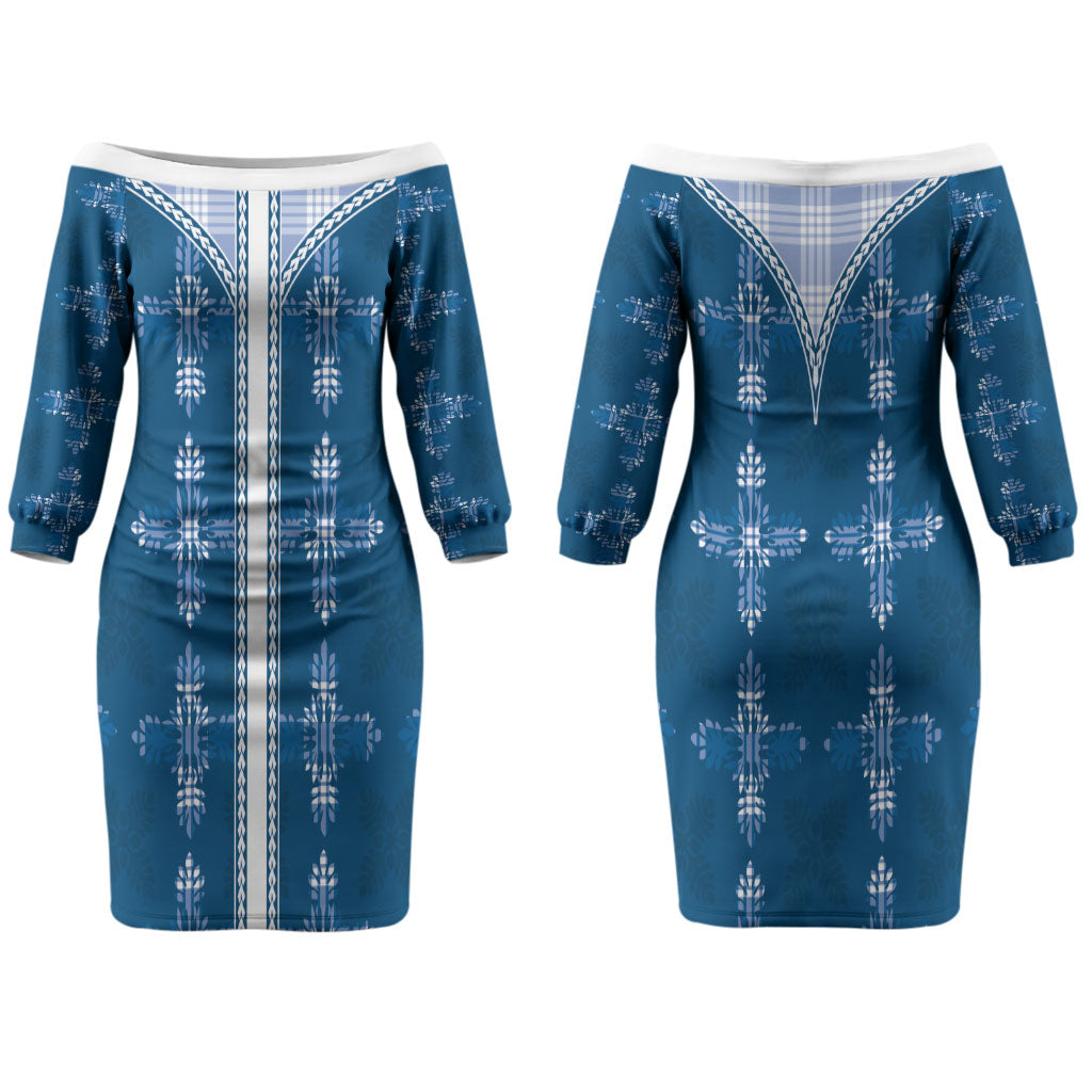 Blue Hawaii Paniolo Quilt Motif Couples Matching Off The Shoulder Long Sleeve Dress and Hawaiian Shirt