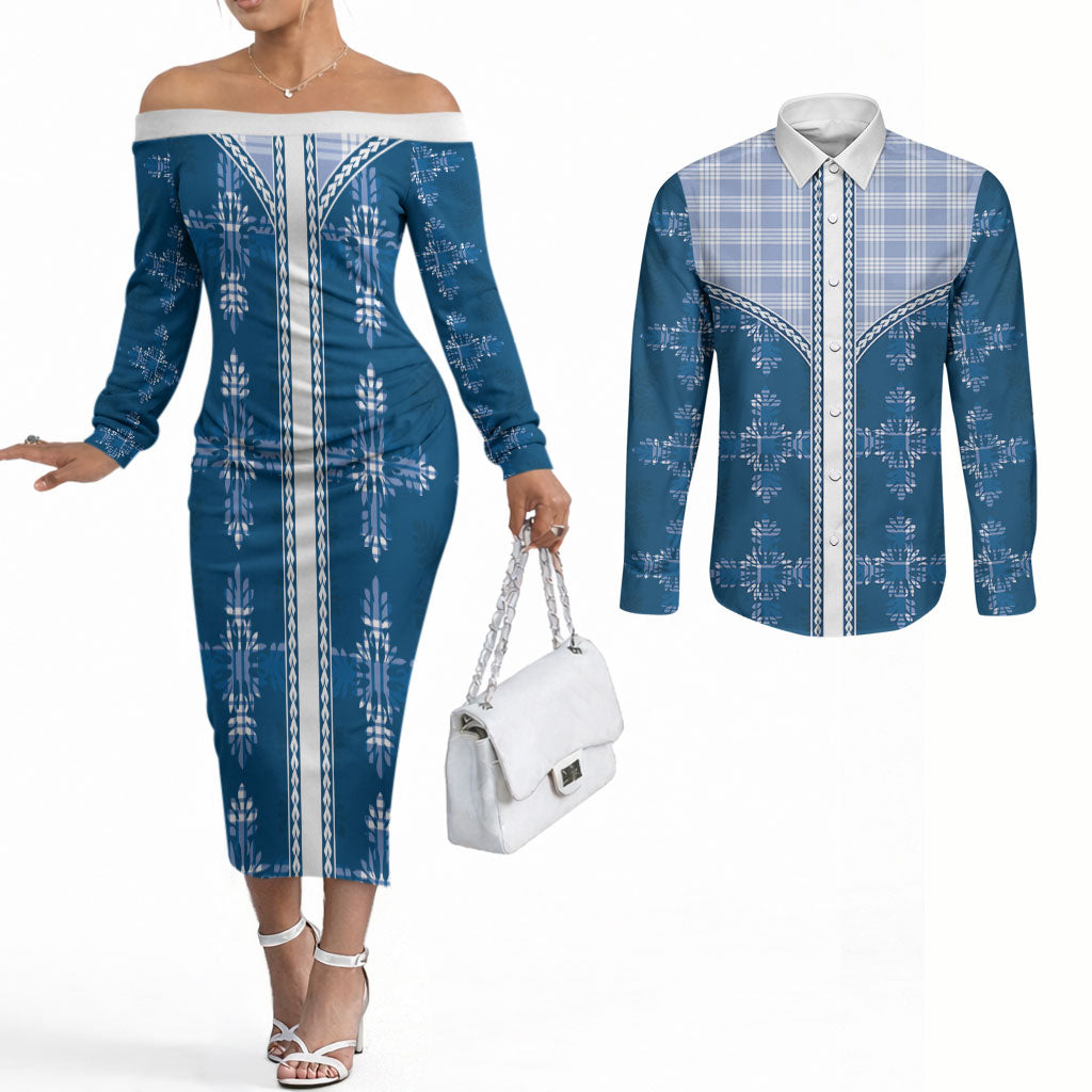 Blue Hawaii Paniolo Quilt Motif Couples Matching Off The Shoulder Long Sleeve Dress and Long Sleeve Button Shirt