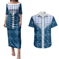 Blue Hawaii Paniolo Quilt Motif Couples Matching Puletasi and Hawaiian Shirt
