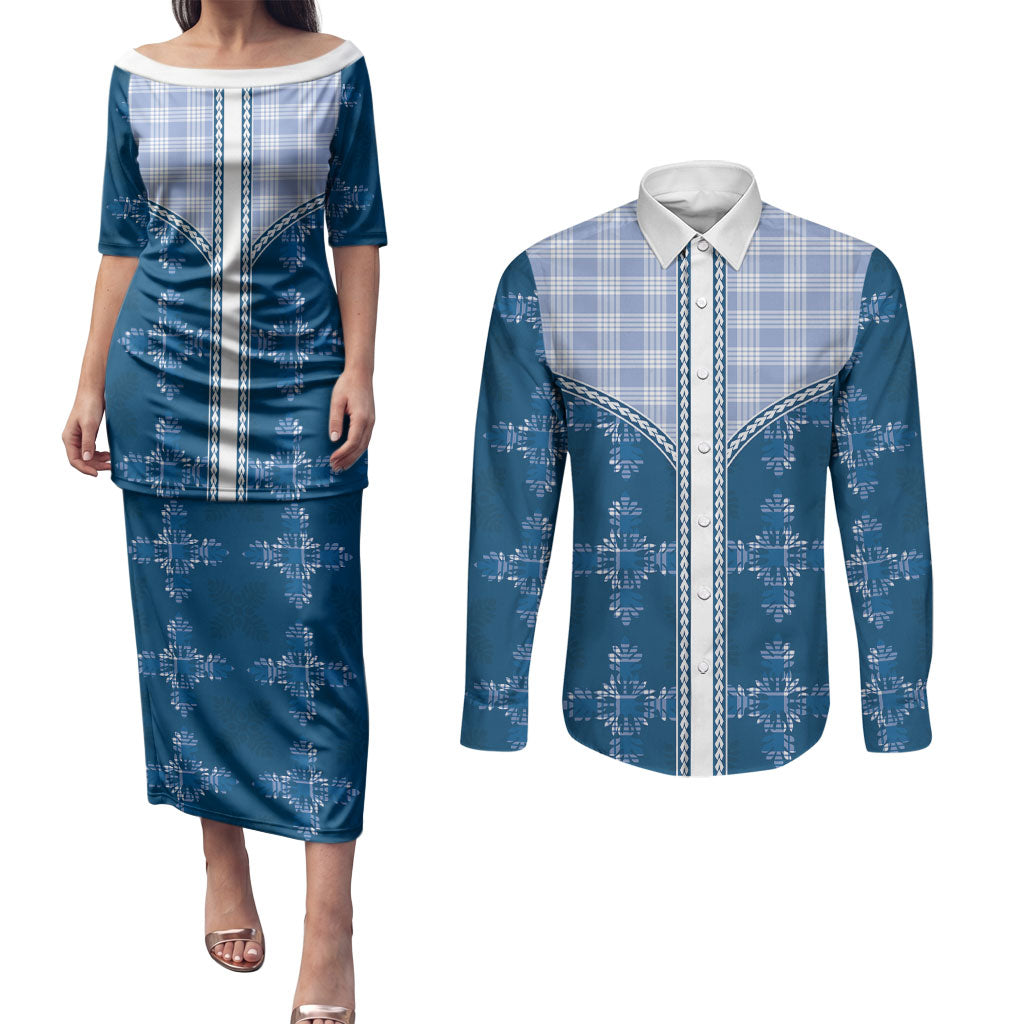 Blue Hawaii Paniolo Quilt Motif Couples Matching Puletasi and Long Sleeve Button Shirt LT05 Blue - Polynesian Pride