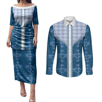 Blue Hawaii Paniolo Quilt Motif Couples Matching Puletasi and Long Sleeve Button Shirt