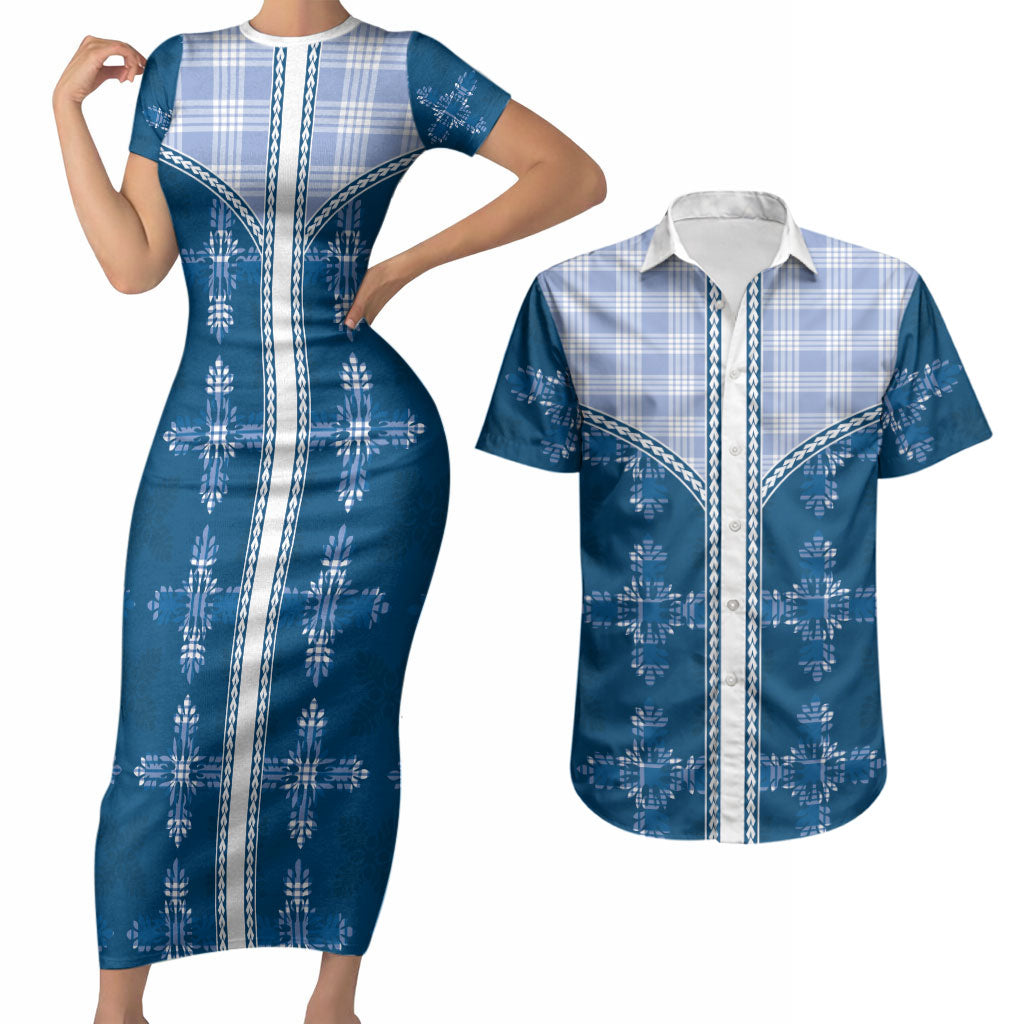 Blue Hawaii Paniolo Quilt Motif Couples Matching Short Sleeve Bodycon Dress and Hawaiian Shirt