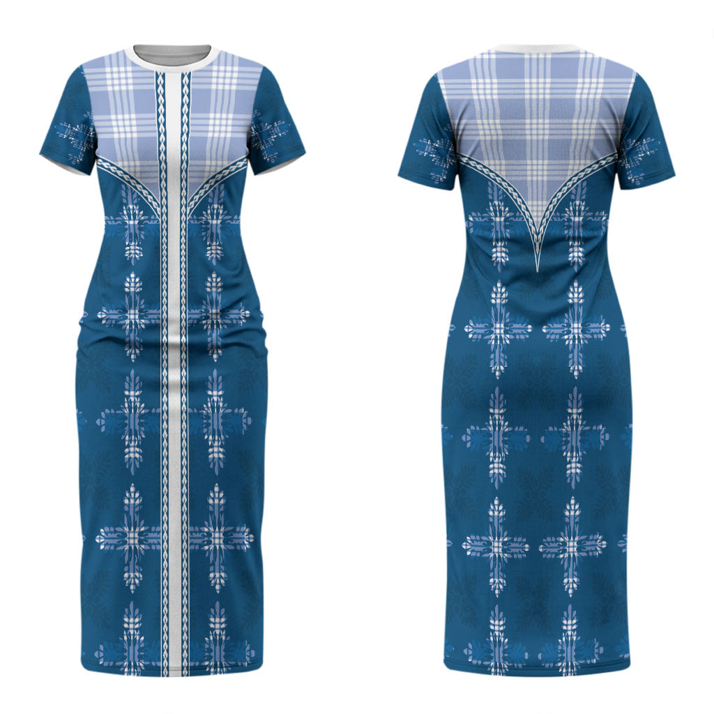Blue Hawaii Paniolo Quilt Motif Couples Matching Short Sleeve Bodycon Dress and Hawaiian Shirt