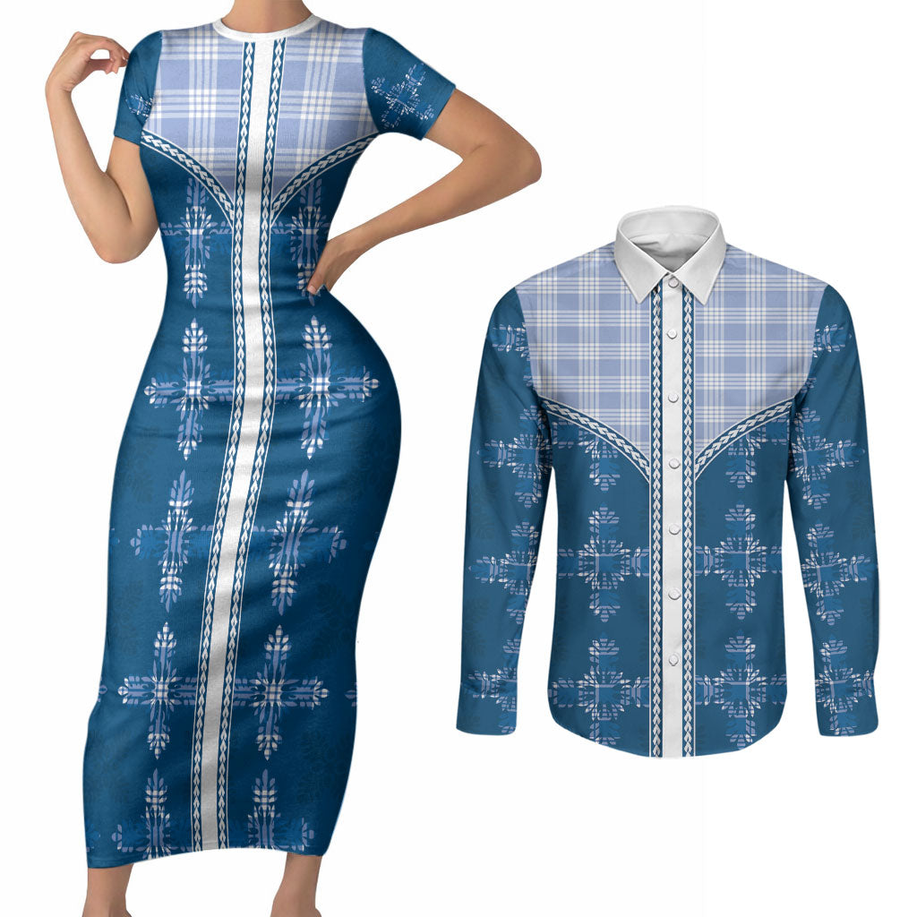 Blue Hawaii Paniolo Quilt Motif Couples Matching Short Sleeve Bodycon Dress and Long Sleeve Button Shirt