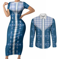 Blue Hawaii Paniolo Quilt Motif Couples Matching Short Sleeve Bodycon Dress and Long Sleeve Button Shirt