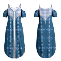 Blue Hawaii Paniolo Quilt Motif Couples Matching Summer Maxi Dress and Hawaiian Shirt