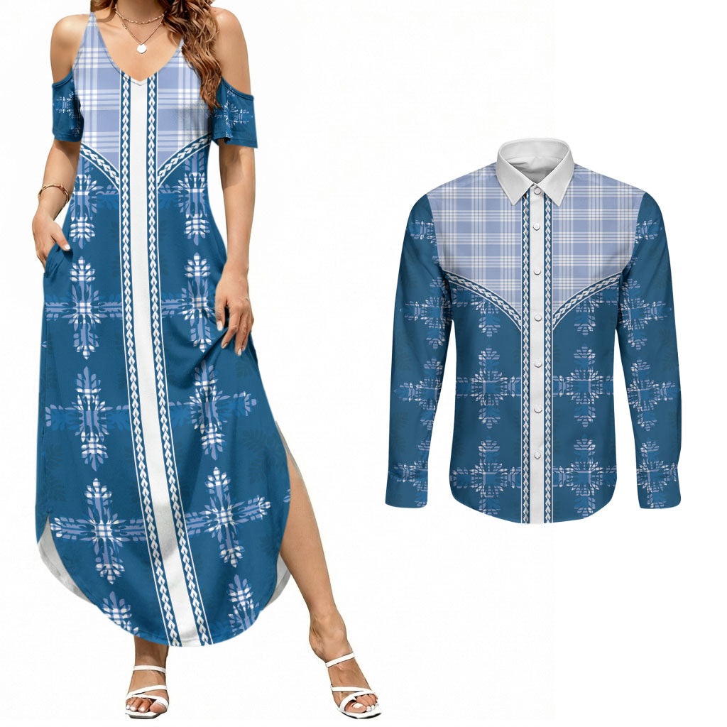 Blue Hawaii Paniolo Quilt Motif Couples Matching Summer Maxi Dress and Long Sleeve Button Shirt