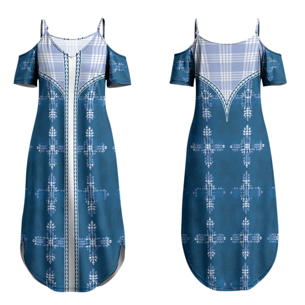 Blue Hawaii Paniolo Quilt Motif Couples Matching Summer Maxi Dress and Long Sleeve Button Shirt