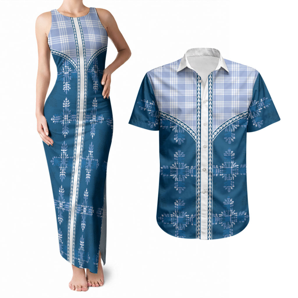 Blue Hawaii Paniolo Quilt Motif Couples Matching Tank Maxi Dress and Hawaiian Shirt