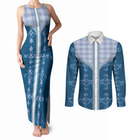 Blue Hawaii Paniolo Quilt Motif Couples Matching Tank Maxi Dress and Long Sleeve Button Shirt