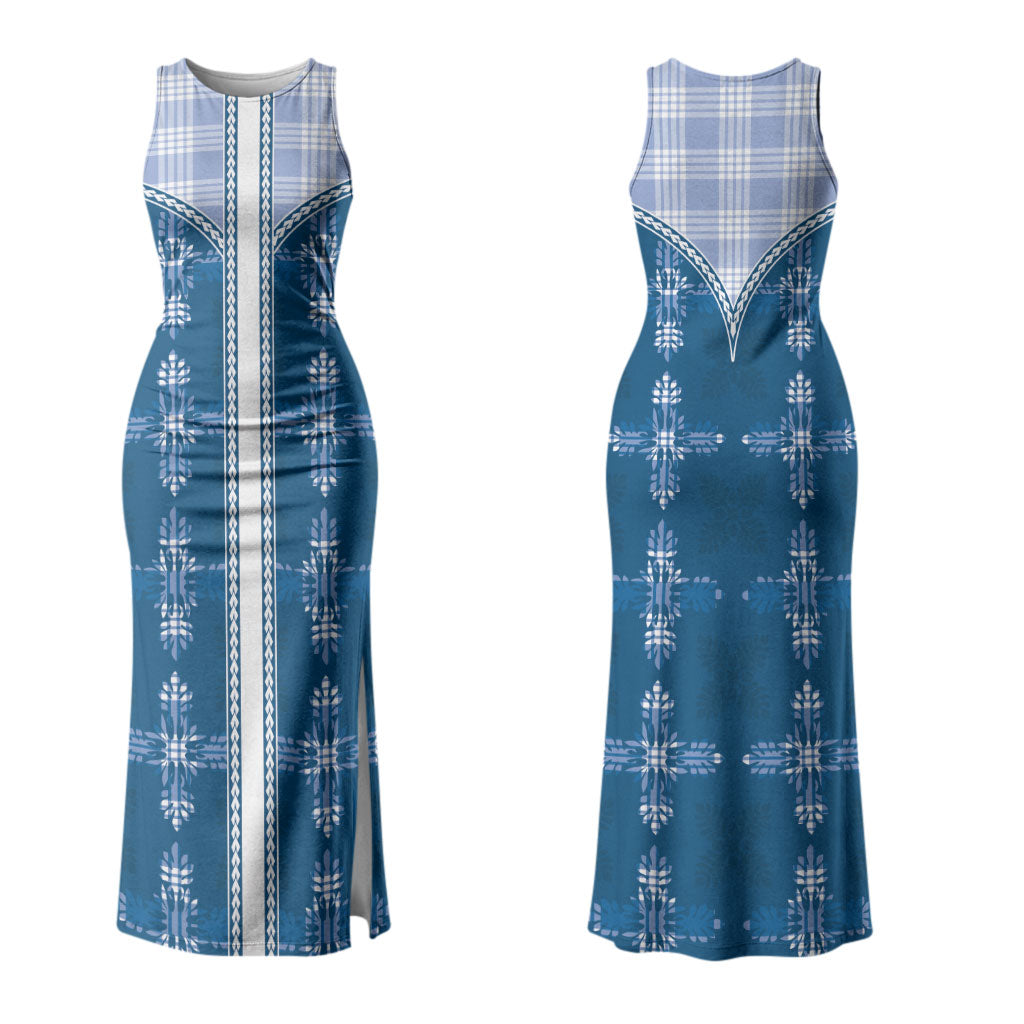 Blue Hawaii Paniolo Quilt Motif Couples Matching Tank Maxi Dress and Long Sleeve Button Shirt