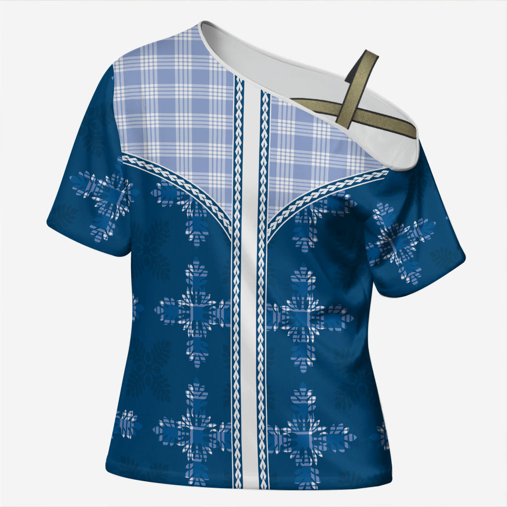 Blue Hawaii Paniolo Quilt Motif Cross Shoulder Shirt