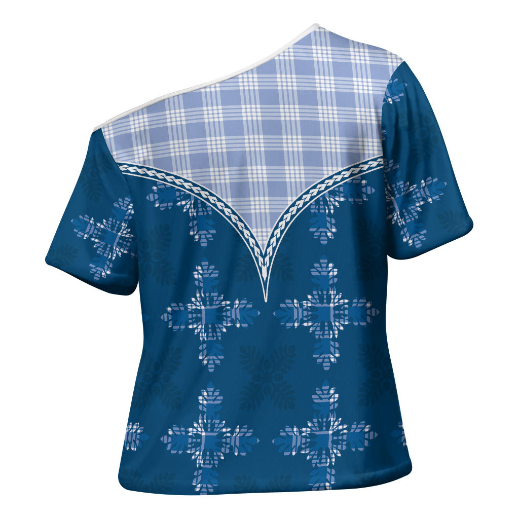 Blue Hawaii Paniolo Quilt Motif Cross Shoulder Shirt