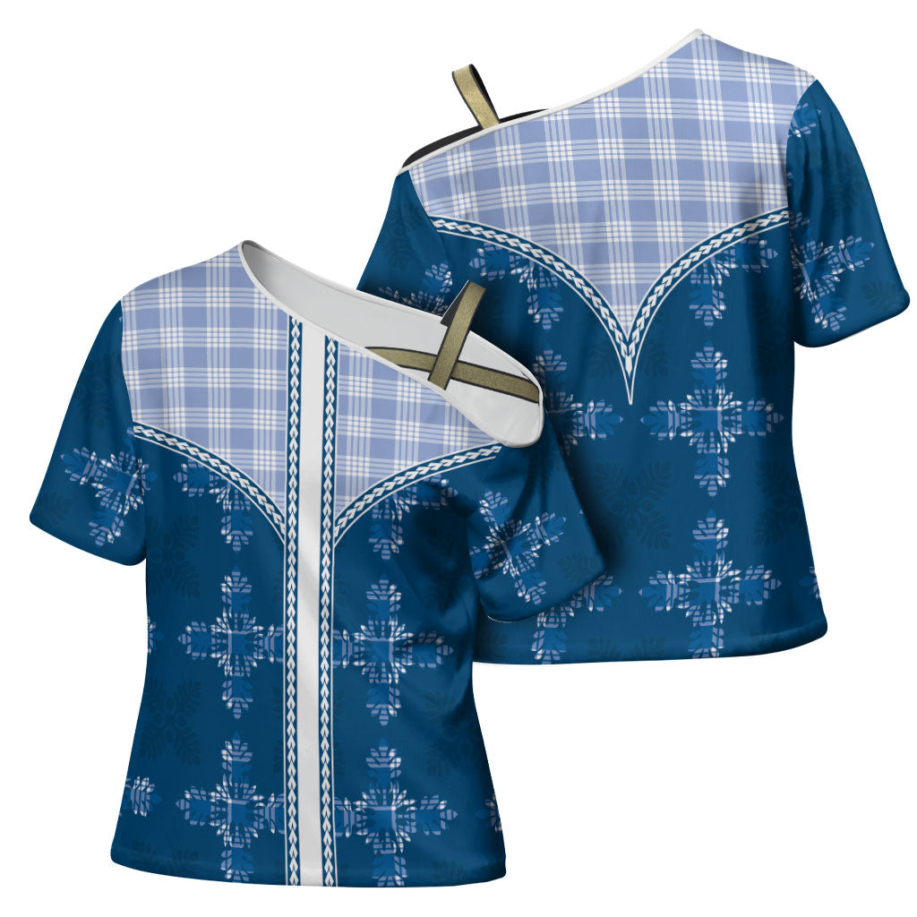 Blue Hawaii Paniolo Quilt Motif Cross Shoulder Shirt