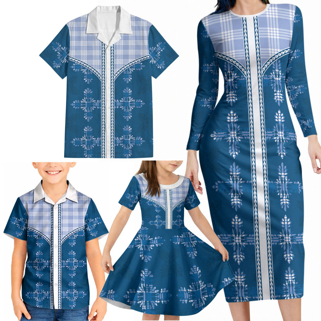 Blue Hawaii Paniolo Quilt Motif Family Matching Long Sleeve Bodycon Dress and Hawaiian Shirt