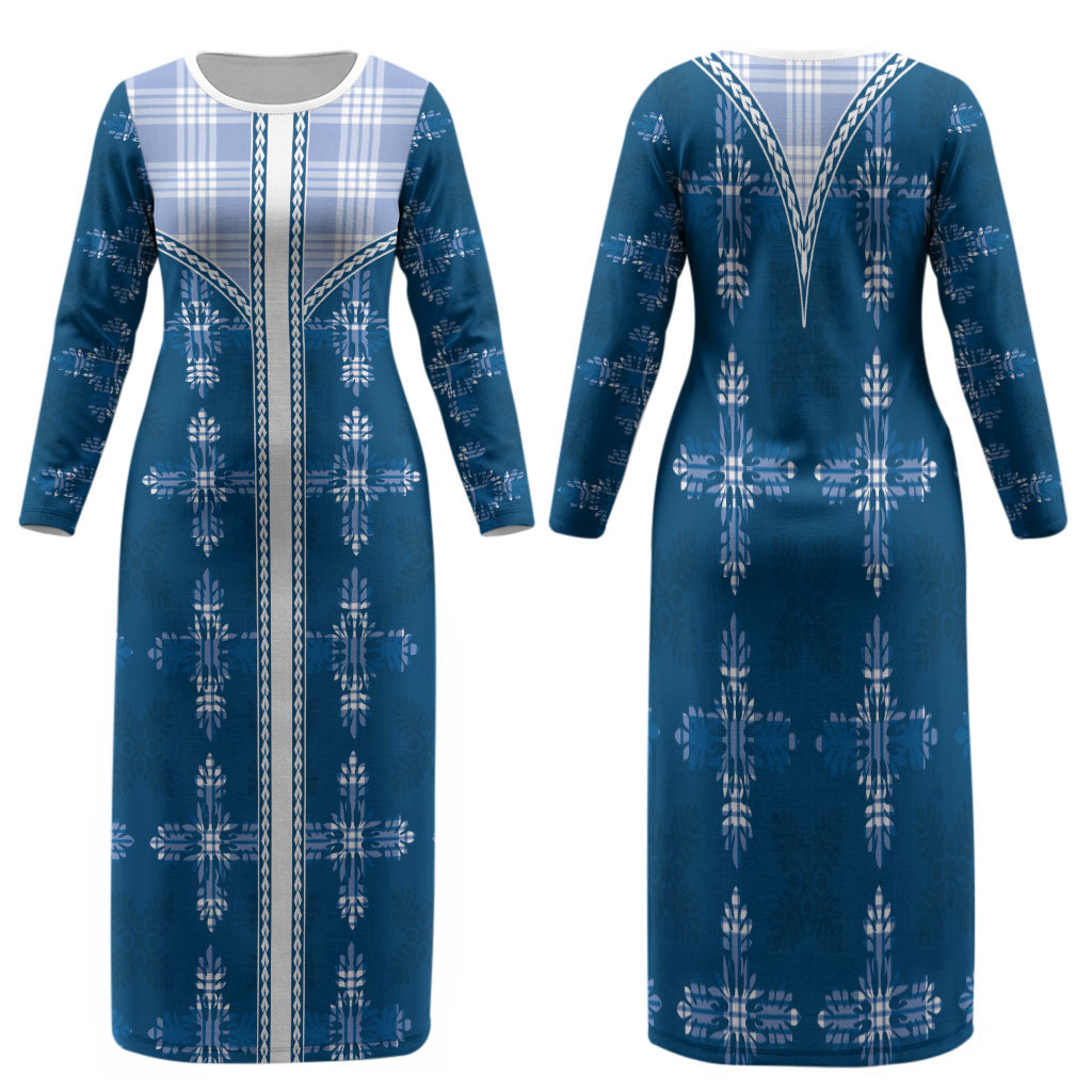Blue Hawaii Paniolo Quilt Motif Family Matching Long Sleeve Bodycon Dress and Hawaiian Shirt