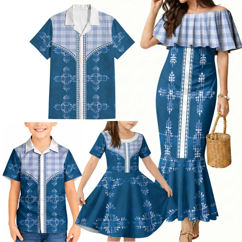 Blue Hawaii Paniolo Quilt Motif Family Matching Mermaid Dress and Hawaiian Shirt