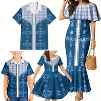 Blue Hawaii Paniolo Quilt Motif Family Matching Mermaid Dress and Hawaiian Shirt