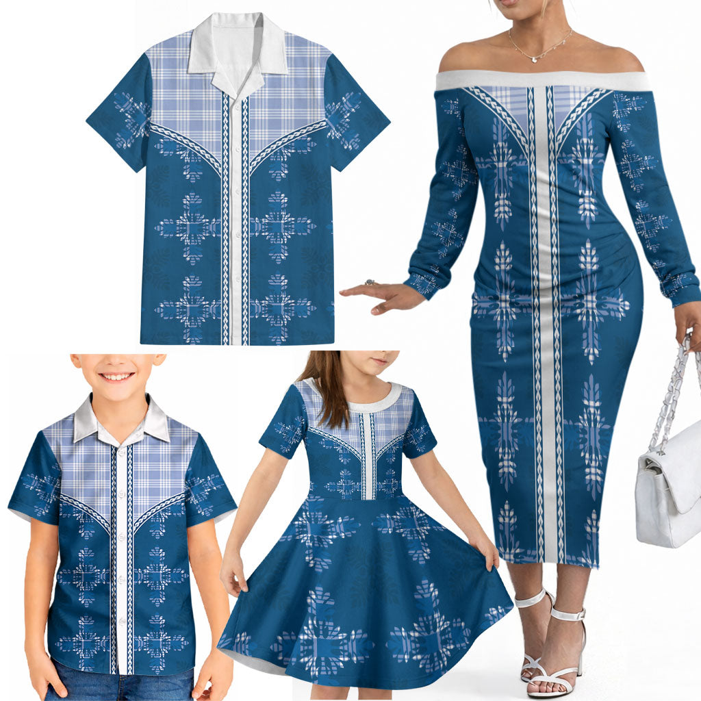 Blue Hawaii Paniolo Quilt Motif Family Matching Off The Shoulder Long Sleeve Dress and Hawaiian Shirt