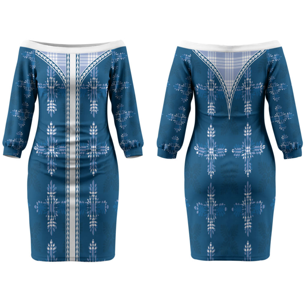 Blue Hawaii Paniolo Quilt Motif Family Matching Off The Shoulder Long Sleeve Dress and Hawaiian Shirt