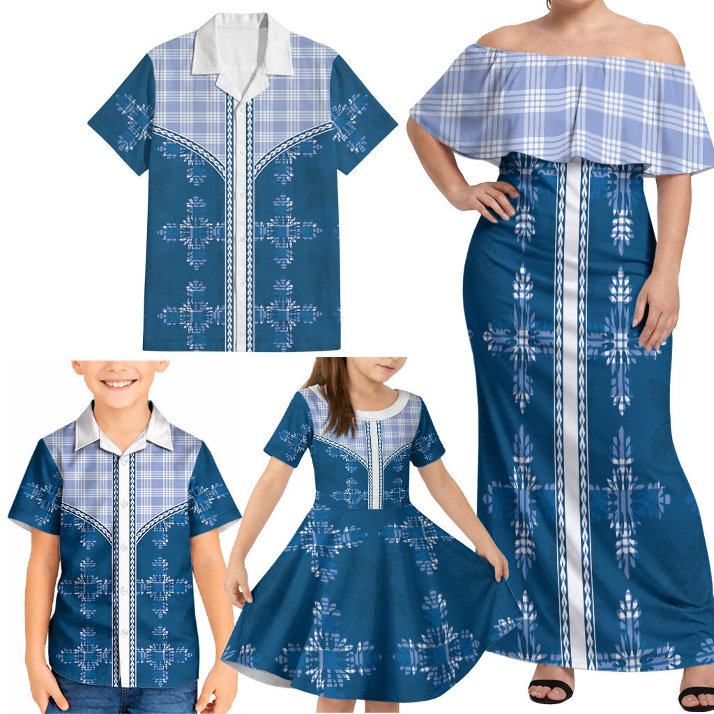 Blue Hawaii Paniolo Quilt Motif Family Matching Off Shoulder Maxi Dress and Hawaiian Shirt