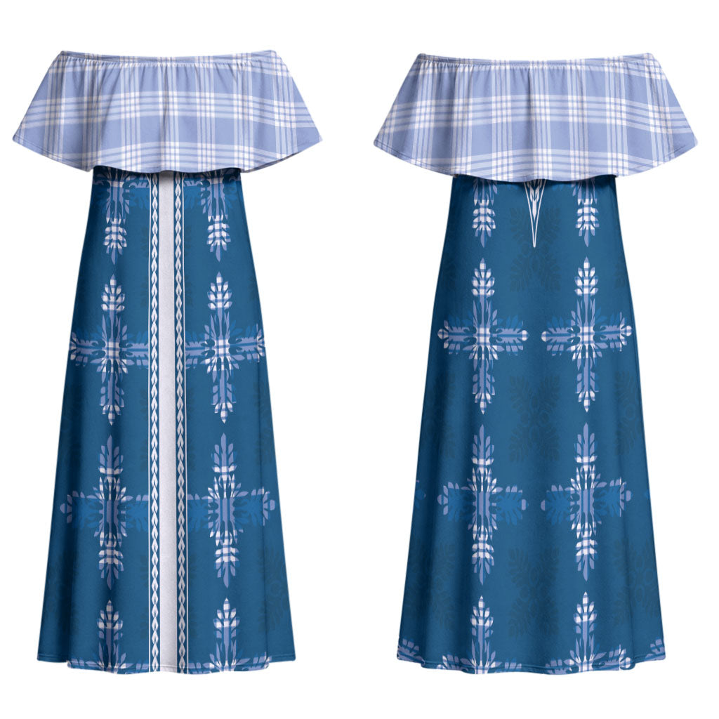Blue Hawaii Paniolo Quilt Motif Family Matching Off Shoulder Maxi Dress and Hawaiian Shirt