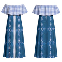 Blue Hawaii Paniolo Quilt Motif Family Matching Off Shoulder Maxi Dress and Hawaiian Shirt